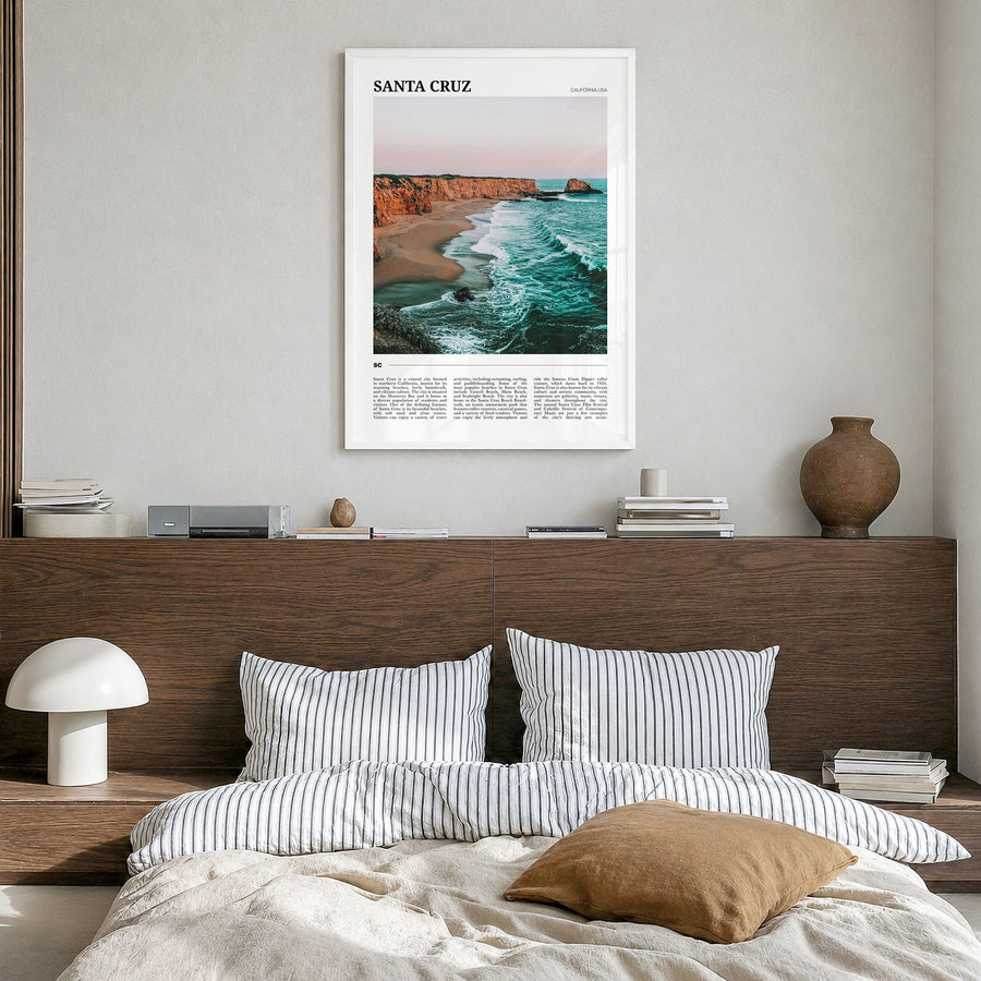 Santa Cruz, California Travel No 1 Poster in a white wood frame, hanging in a bedroom