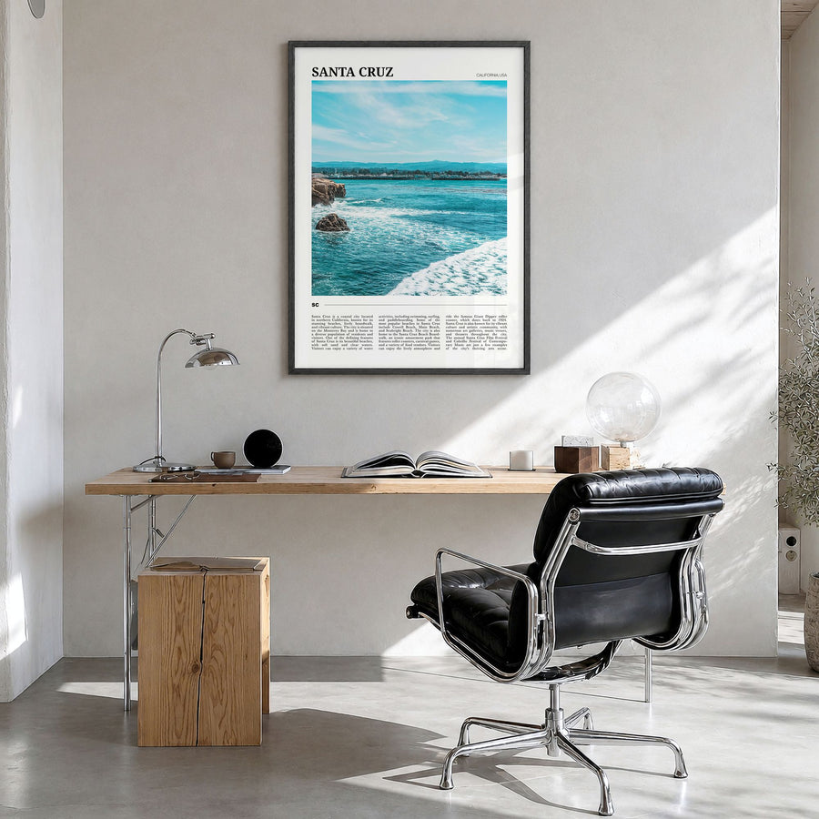 Santa Cruz, California Travel No 2 Poster in a black wood frame, hanging in a bright home office