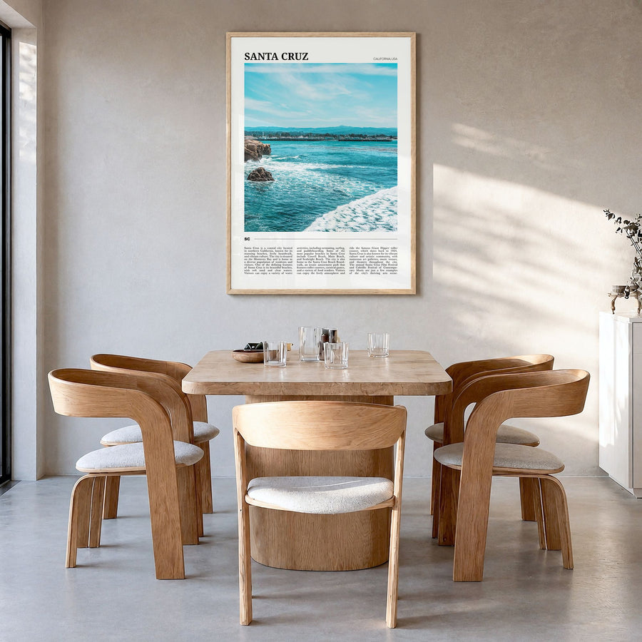 Santa Cruz, California Travel No 2 Poster in a natural wood frame, hanging in a dining room