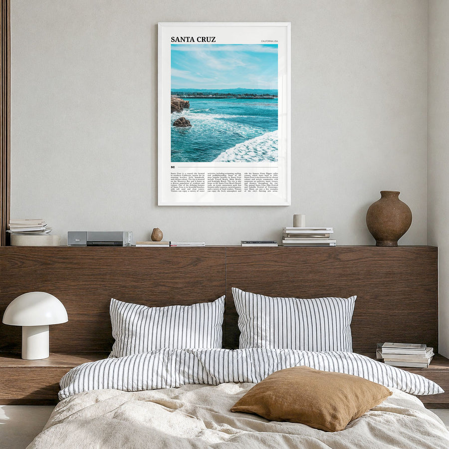 Santa Cruz, California Travel No 2 Poster in a white wood frame, hanging in a bedroom