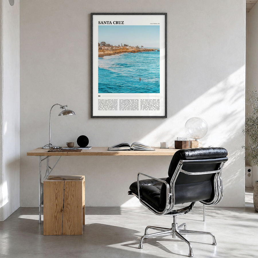 Santa Cruz, California Travel No 3 Poster in a black wood frame, hanging in a bright home office
