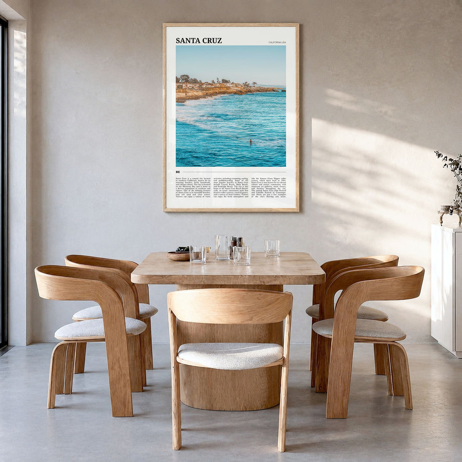 Santa Cruz, California Travel No 3 Poster in a natural wood frame, hanging in a dining room