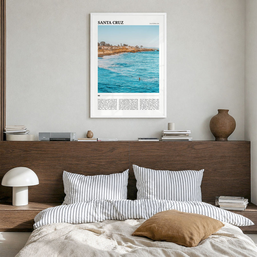 Santa Cruz, California Travel No 3 Poster in a white wood frame, hanging in a bedroom
