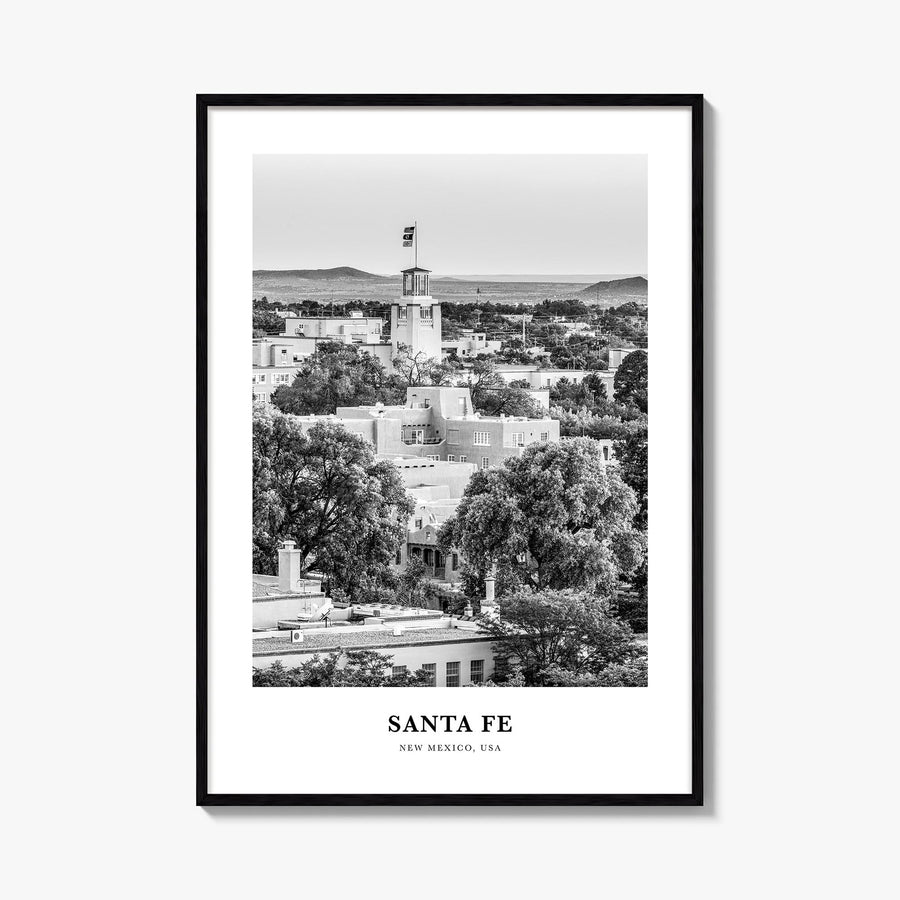 Santa Fe black & white classic poster of New Mexico, USA – vertical wall art, unframed print shown in interior mockup