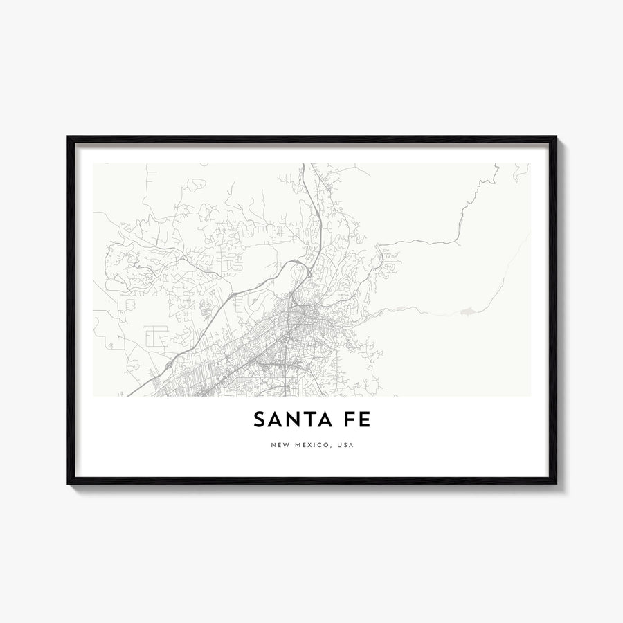 Santa Fe black & white map poster of New Mexico, USA – horizontal wall art, unframed print shown in interior mockup