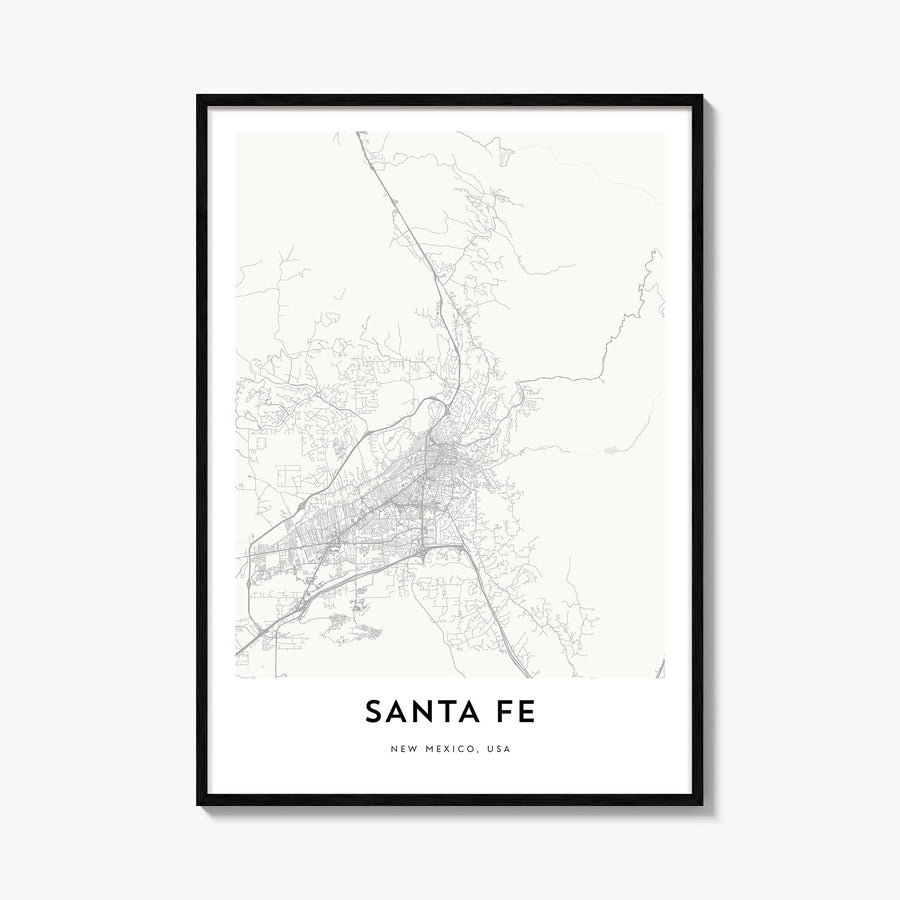 Santa Fe black & white map poster of New Mexico, USA – vertical wall art, unframed print shown in interior mockup