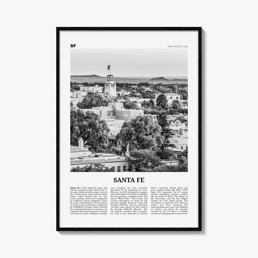 Santa Fe black & white newspaper poster of New Mexico, USA – vertical wall art, unframed print shown in interior mockup