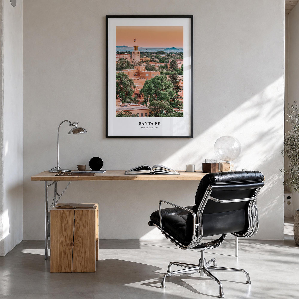 Santa Fe colorful classic poster of New Mexico, USA – vertical wall art in black wood frame, hanging on wall