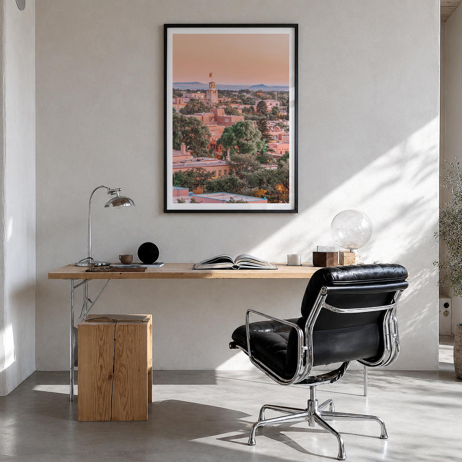 Santa Fe colorful photo poster of New Mexico, USA – vertical wall art in black wood frame with white border, hanging on wall