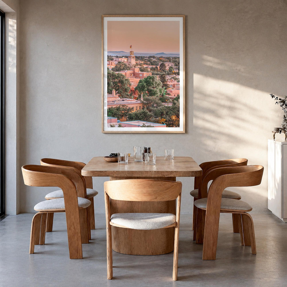 Santa Fe colorful photo poster of New Mexico, USA – vertical wall art in natural wood frame with white border, hanging on wal