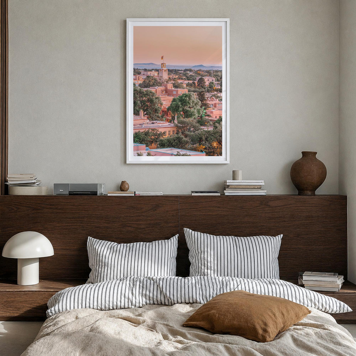Santa Fe colorful photo poster of New Mexico, USA – vertical wall art in white wood frame with white border, hanging on wall