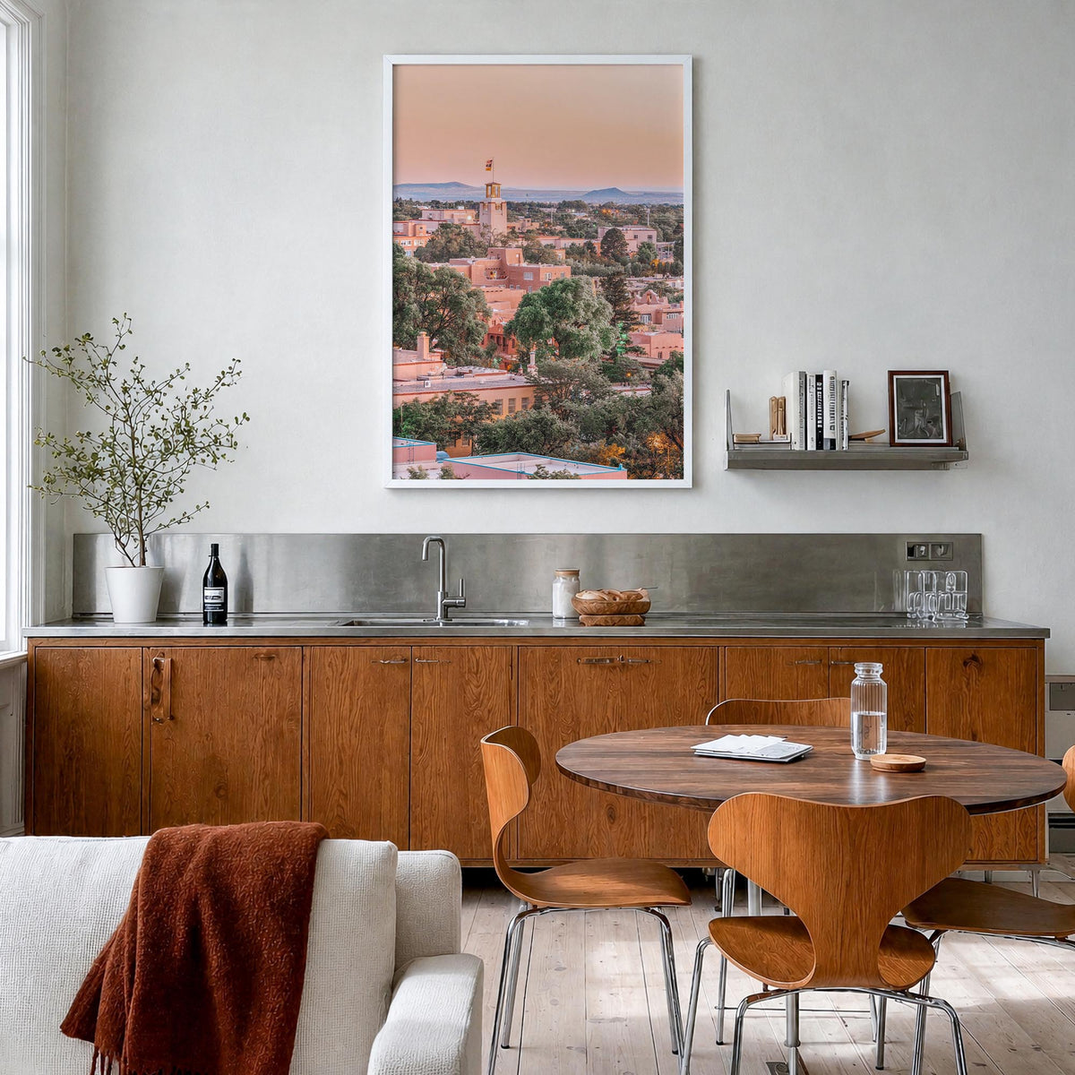 Santa Fe colorful photo poster of New Mexico, USA – vertical wall art in white wood frame, hanging on wall