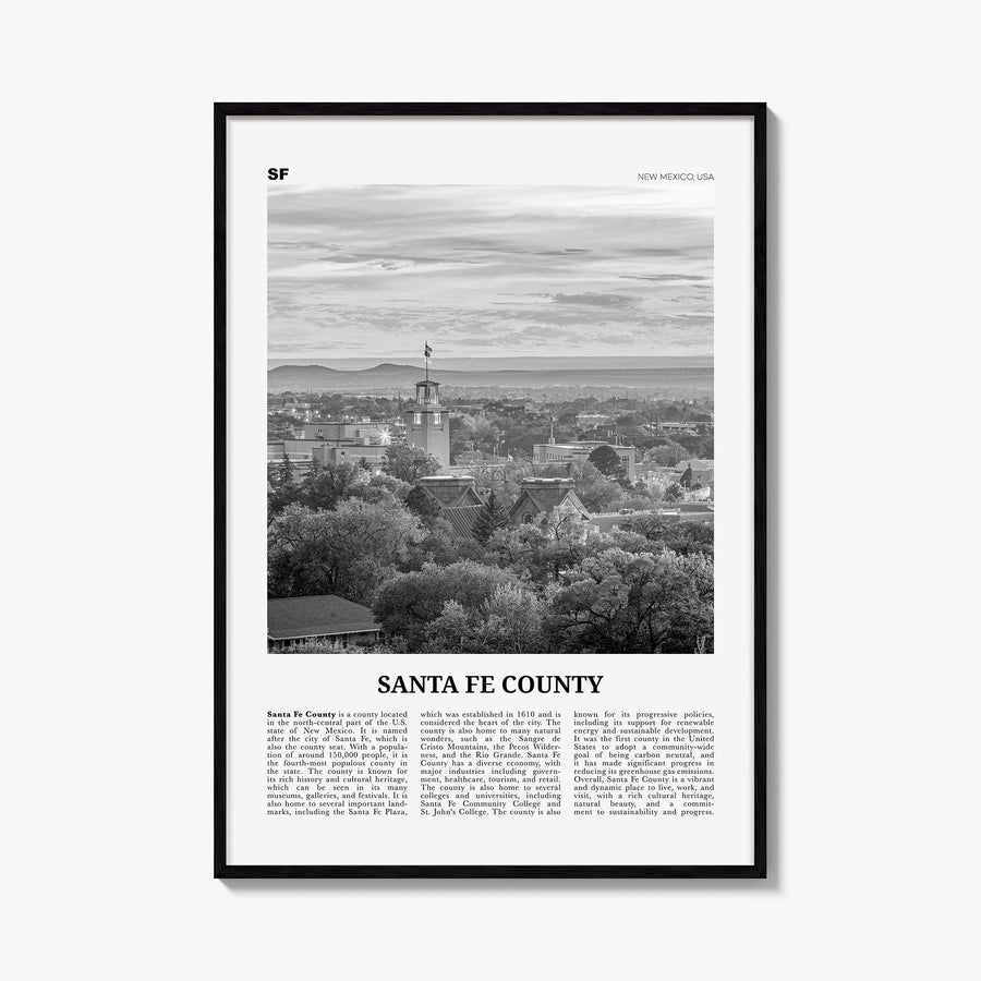 Santa Fe County black & white newspaper poster of New Mexico, USA – vertical wall art, unframed print shown in interior mocku