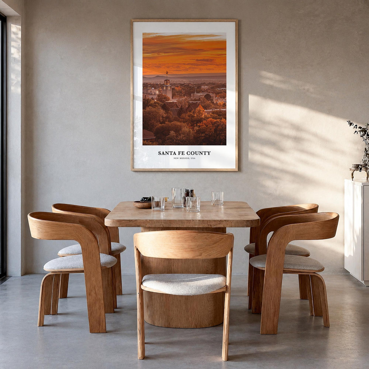 Santa Fe County colorful classic poster of New Mexico, USA – vertical wall art in natural wood frame, hanging on wall