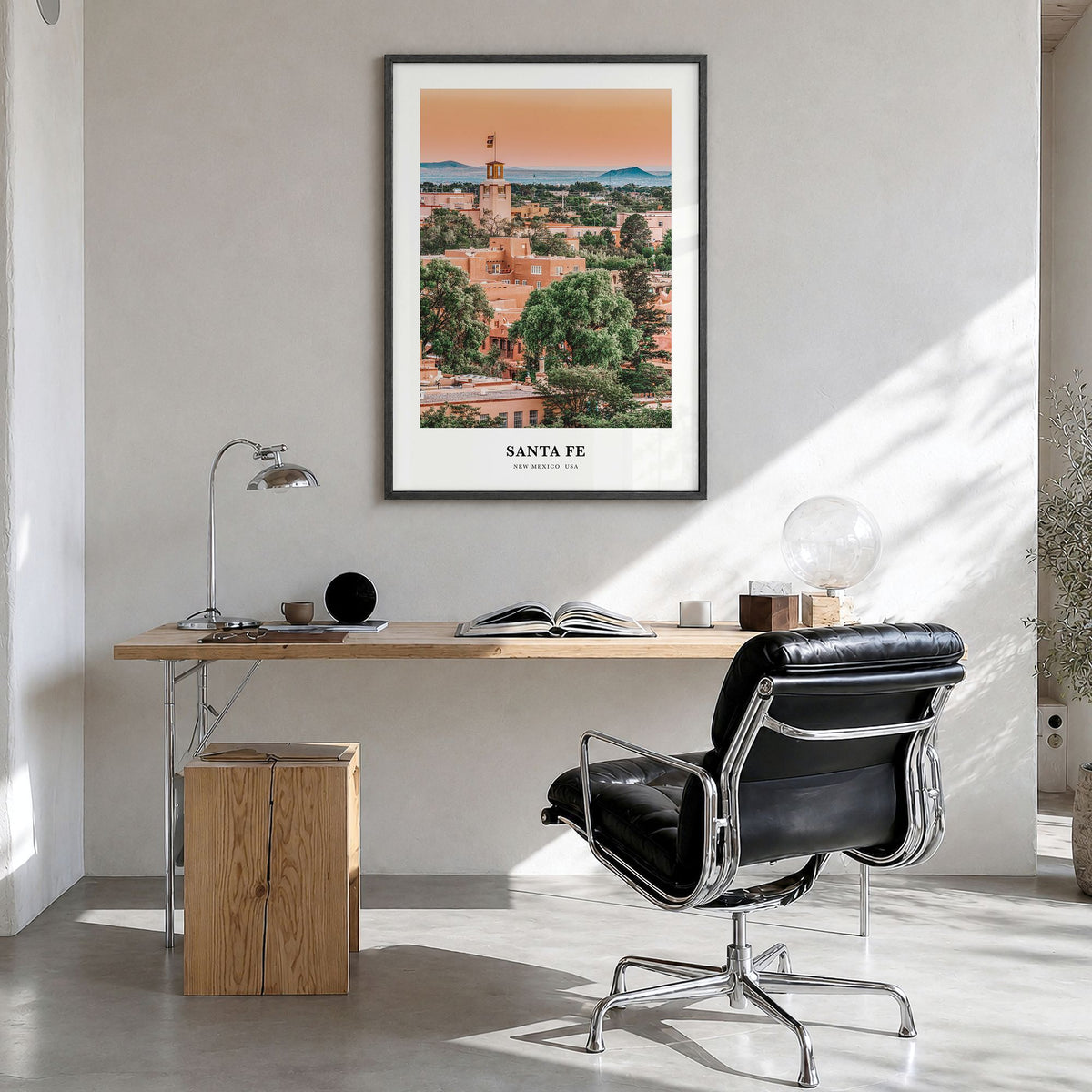 Santa Fe Classic Poster in a black wood frame, hanging in a bright home office