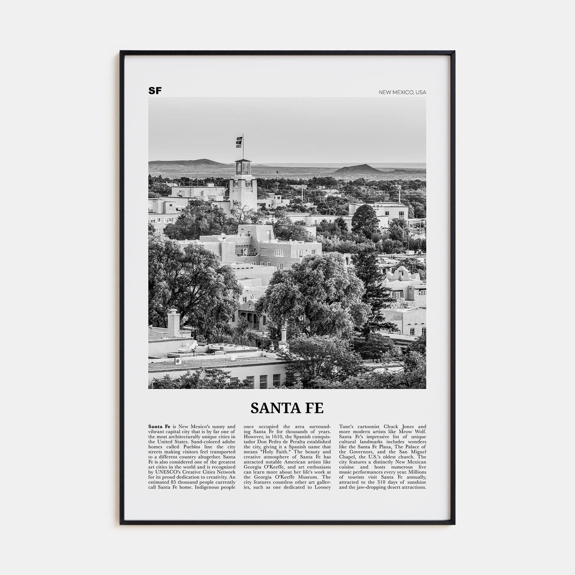 Santa Fe Poster Black Metal / 8x12 in Nbourhood Travel B&W Poster