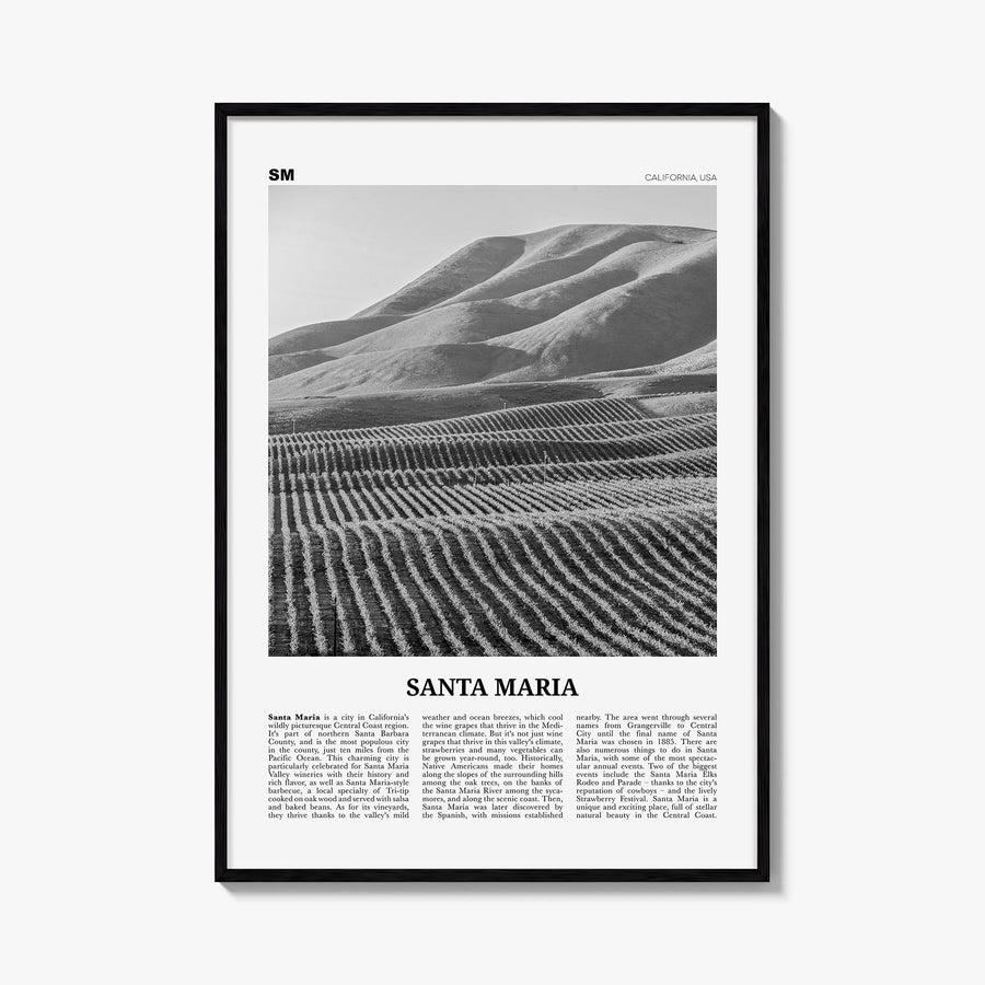 Santa Maria black & white newspaper poster of California, USA – vertical wall art, unframed print shown in interior mockup
