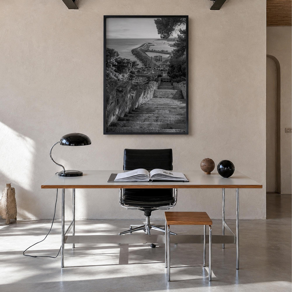 Santa Maria di Leuca black & white photo poster of Italy – vertical wall art in black wood frame, hanging on wall