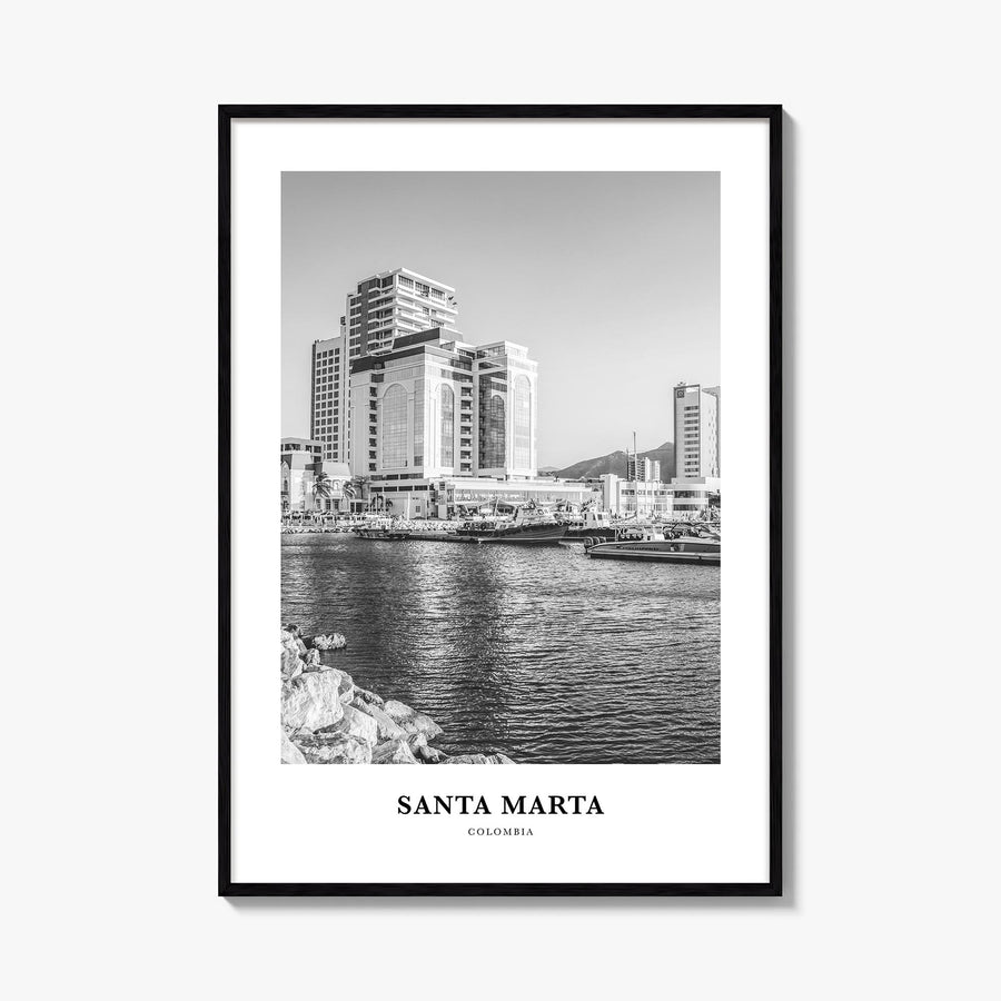 Santa Marta black & white classic poster of Colombia – vertical wall art, unframed print shown in interior mockup