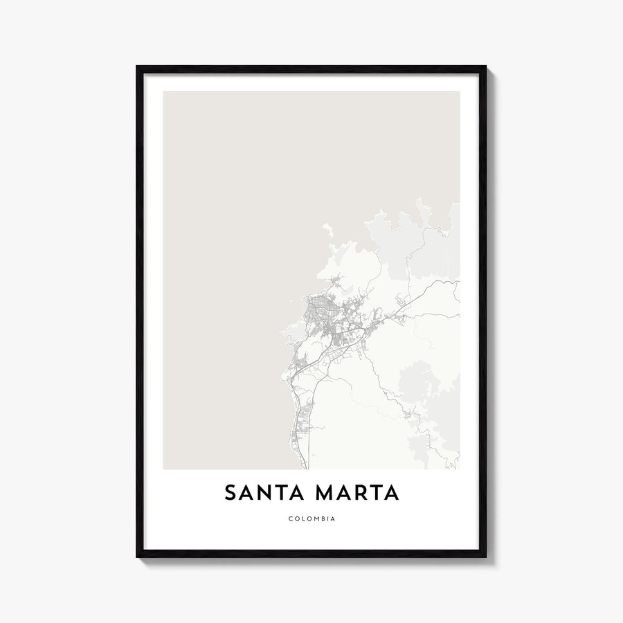 Santa Marta black & white map poster of Colombia – vertical wall art, unframed print shown in interior mockup