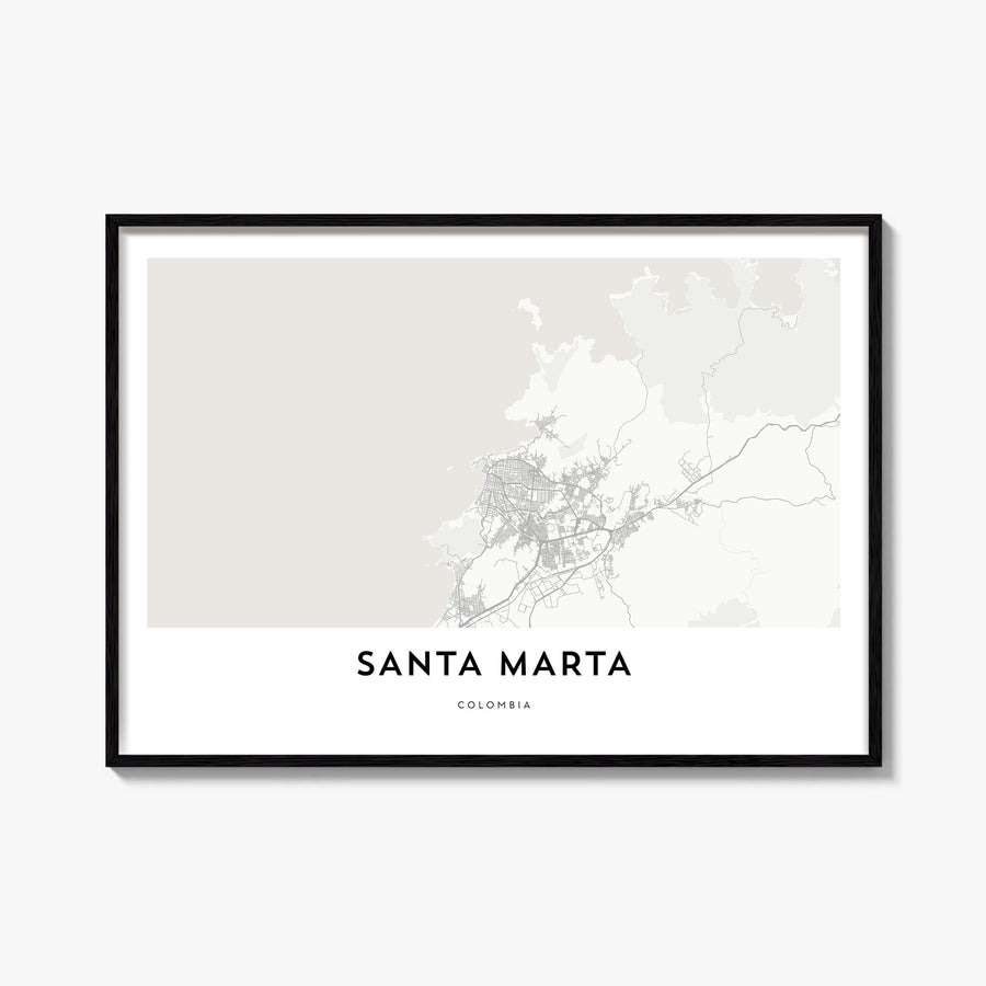 Santa Marta black & white map poster of Colombia – horizontal wall art, unframed print shown in interior mockup