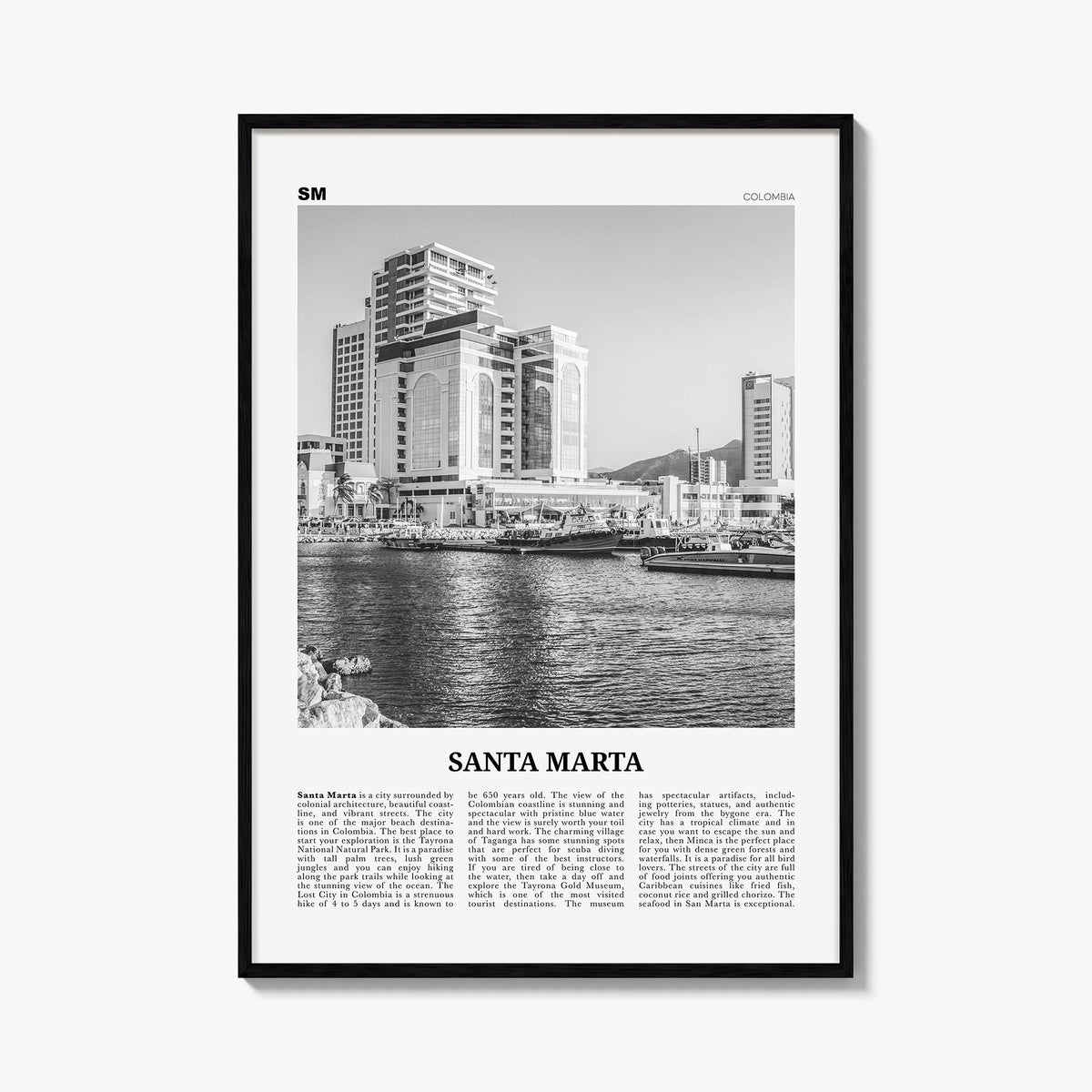 Santa Marta black & white newspaper poster of Colombia – vertical wall art, unframed print shown in interior mockup