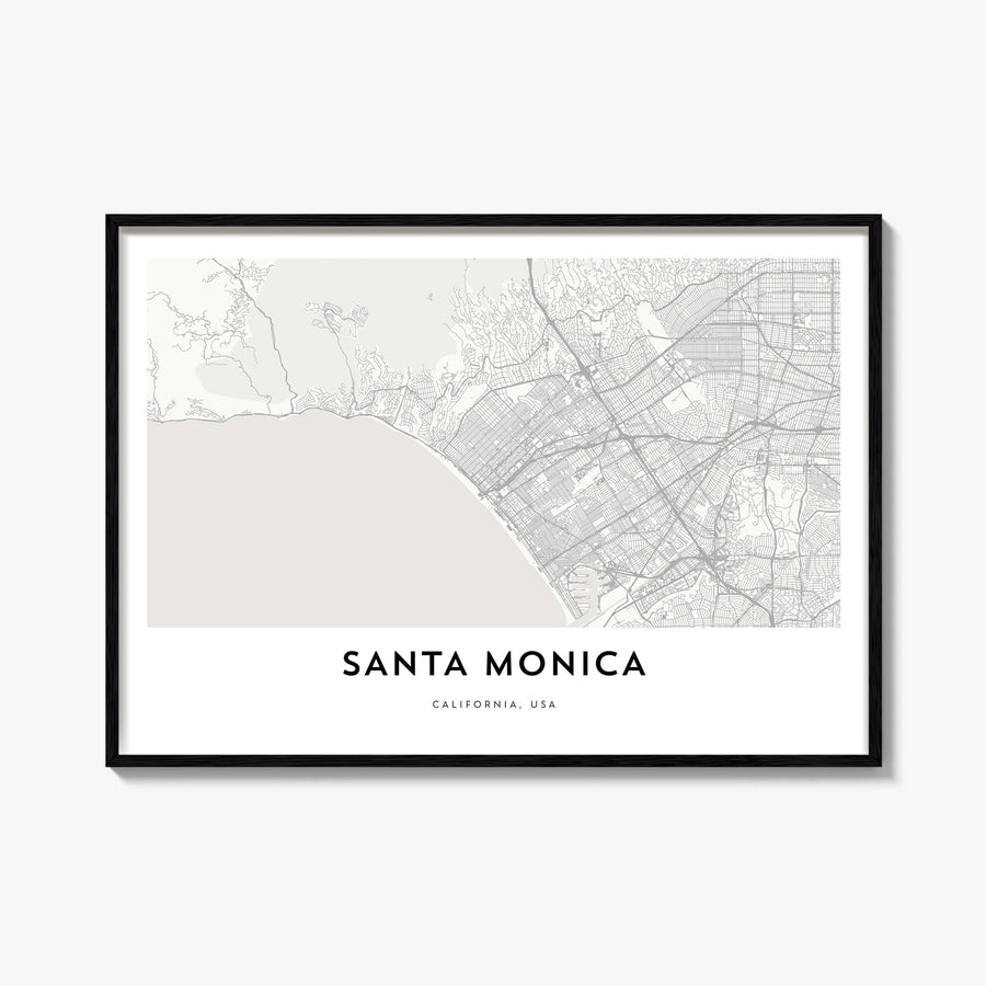 Santa Monica black & white map poster of California, USA – horizontal wall art, unframed print shown in interior mockup