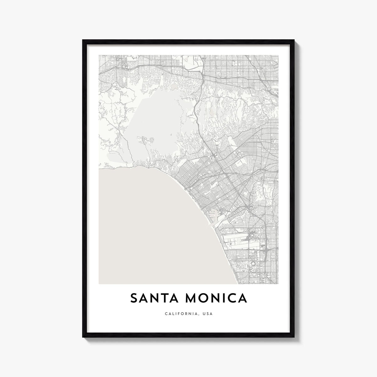 Santa Monica black & white map poster of California, USA – vertical wall art, unframed print shown in interior mockup