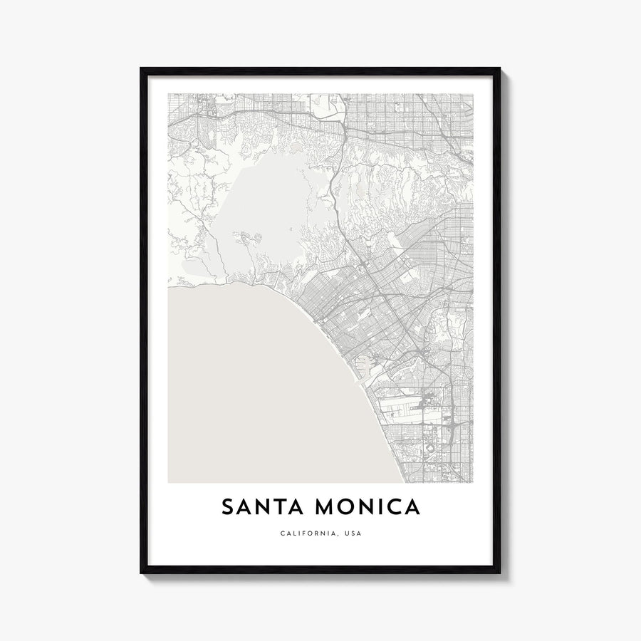 Santa Monica black & white map poster of California, USA – vertical wall art, unframed print shown in interior mockup