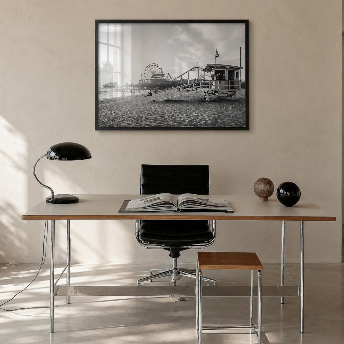 Santa Monica black & white photo poster of California, USA – horizontal wall art in black wood frame, hanging on wall