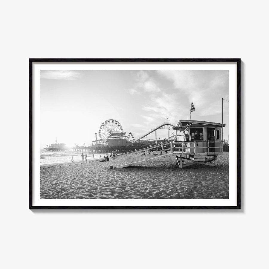 Santa Monica black & white photo poster of California, USA – horizontal wall art, unframed print shown in interior mockup