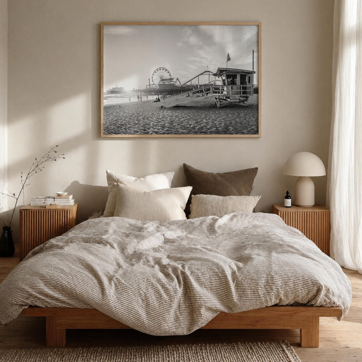 Santa Monica black & white photo poster of California, USA – horizontal wall art in natural wood frame, hanging on wall