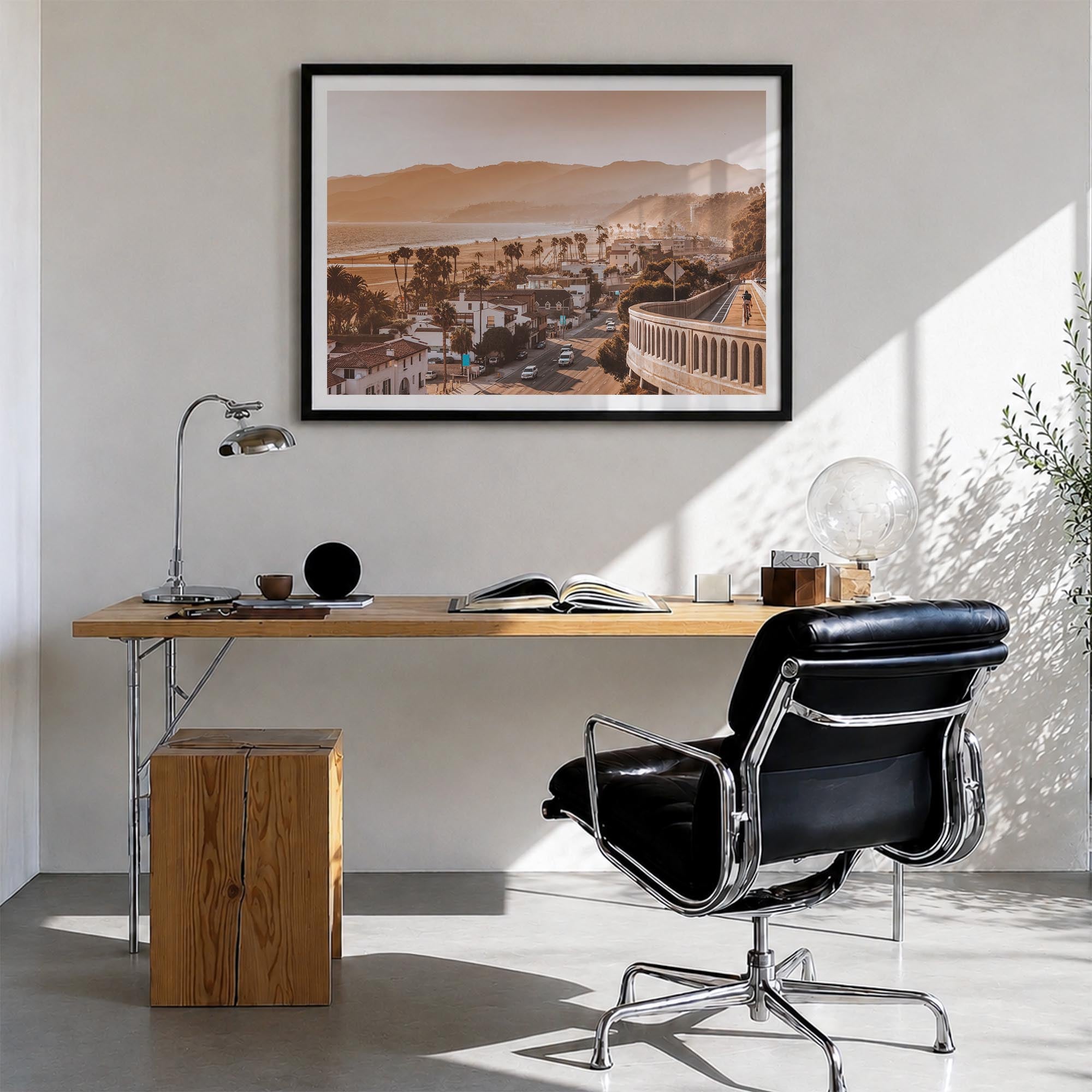 Santa Monica colorful photo poster of California, USA – horizontal wall art in black wood frame with white border, hanging on