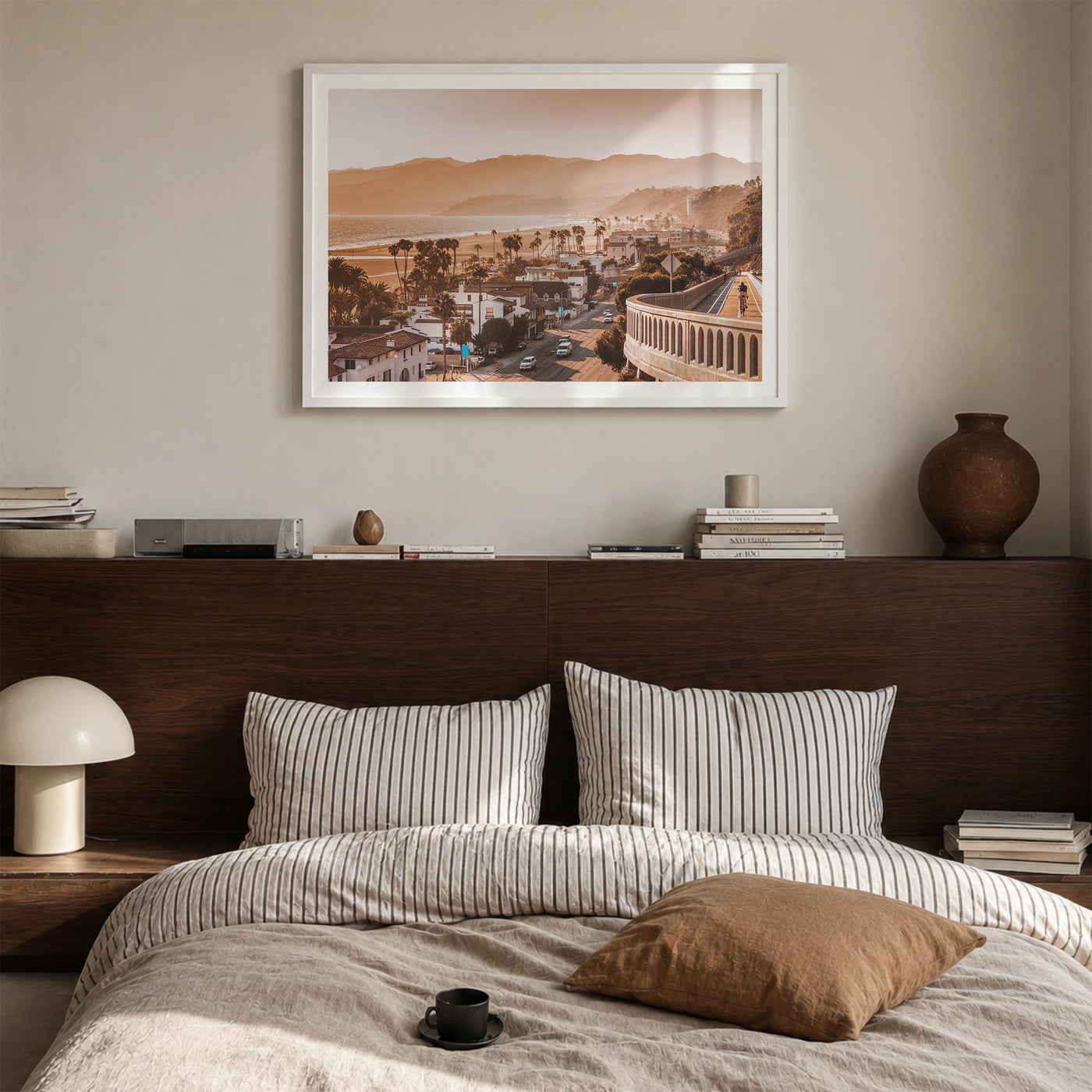 Santa Monica colorful photo poster of California, USA – horizontal wall art in white wood frame with white border, hanging on
