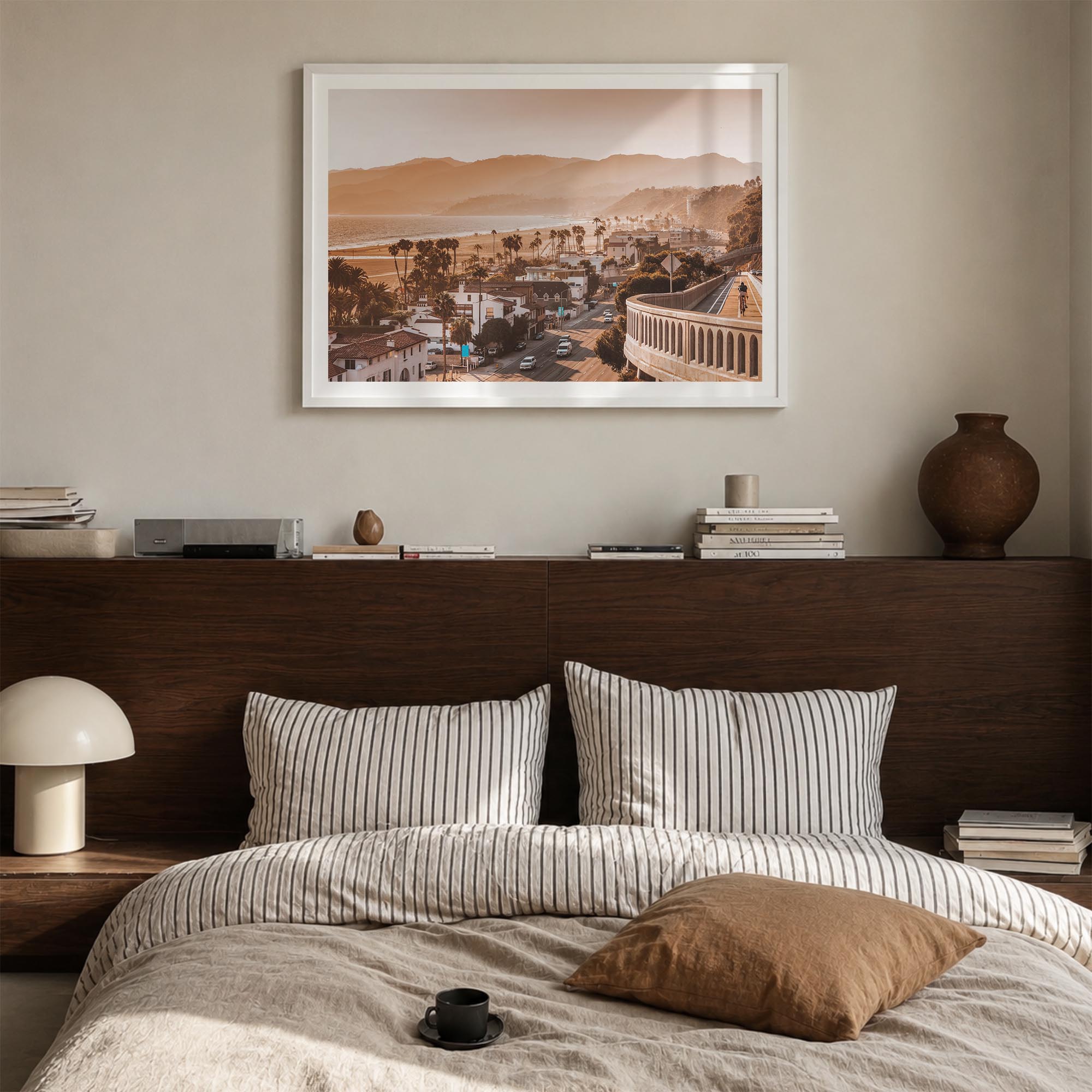 Santa Monica colorful photo poster of California, USA – horizontal wall art in white wood frame with white border, hanging on