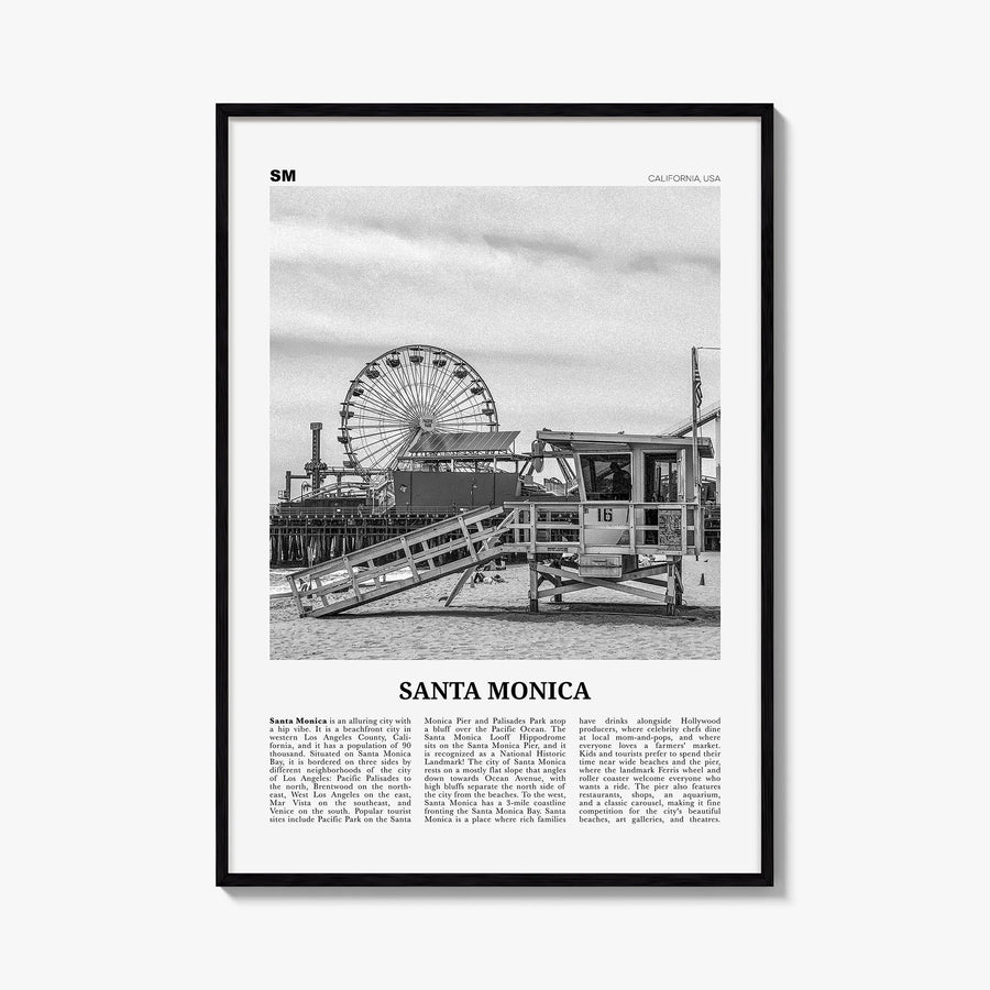 Santa Monica no. 1 black & white newspaper poster of California, USA – vertical wall art, unframed print shown in interior mo