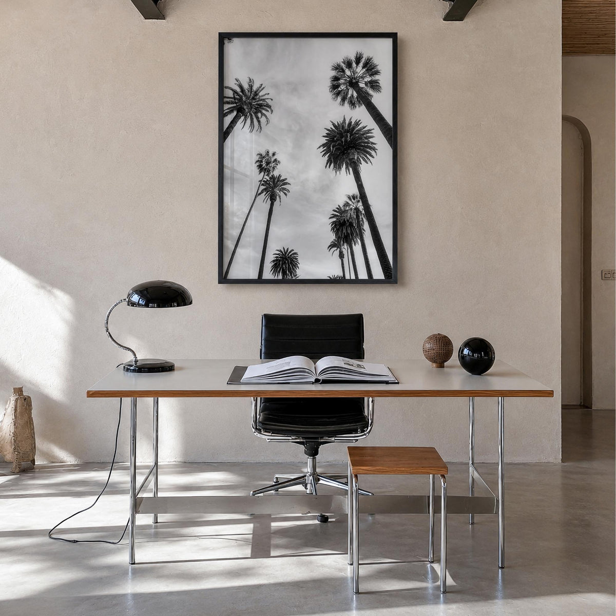 Santa Monica no. 1 black & white photo poster of California, USA – vertical wall art in black wood frame, hanging on wall