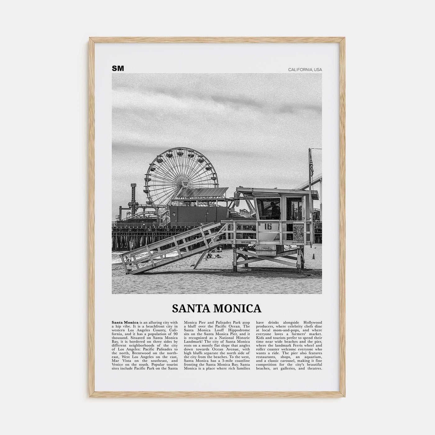 Santa Monica No 1 Poster Natural Wood / 8x12 in Nbourhood Travel B&W Poster