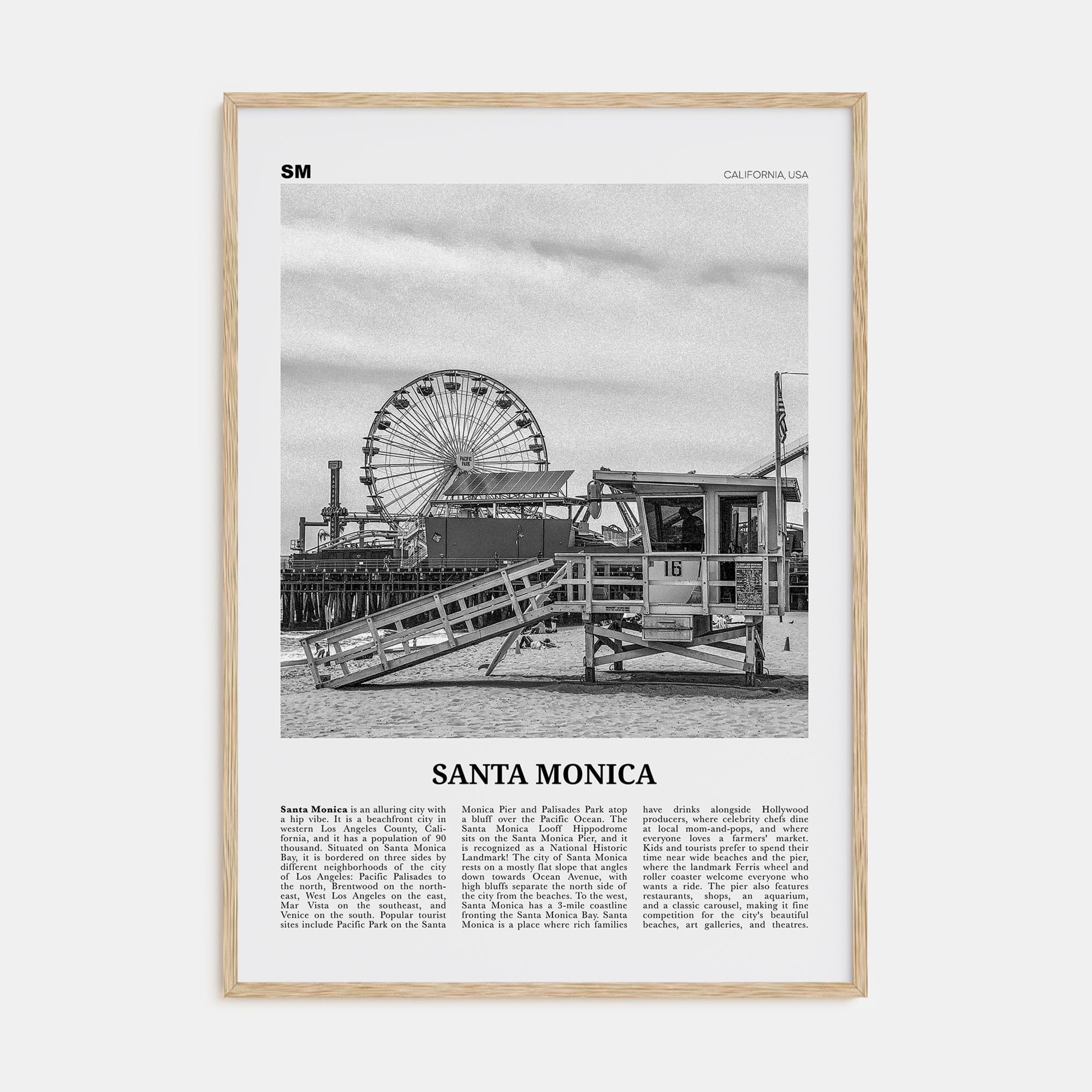 Santa Monica No 1 Poster Natural Wood / 8x12 in Nbourhood Travel B&W Poster