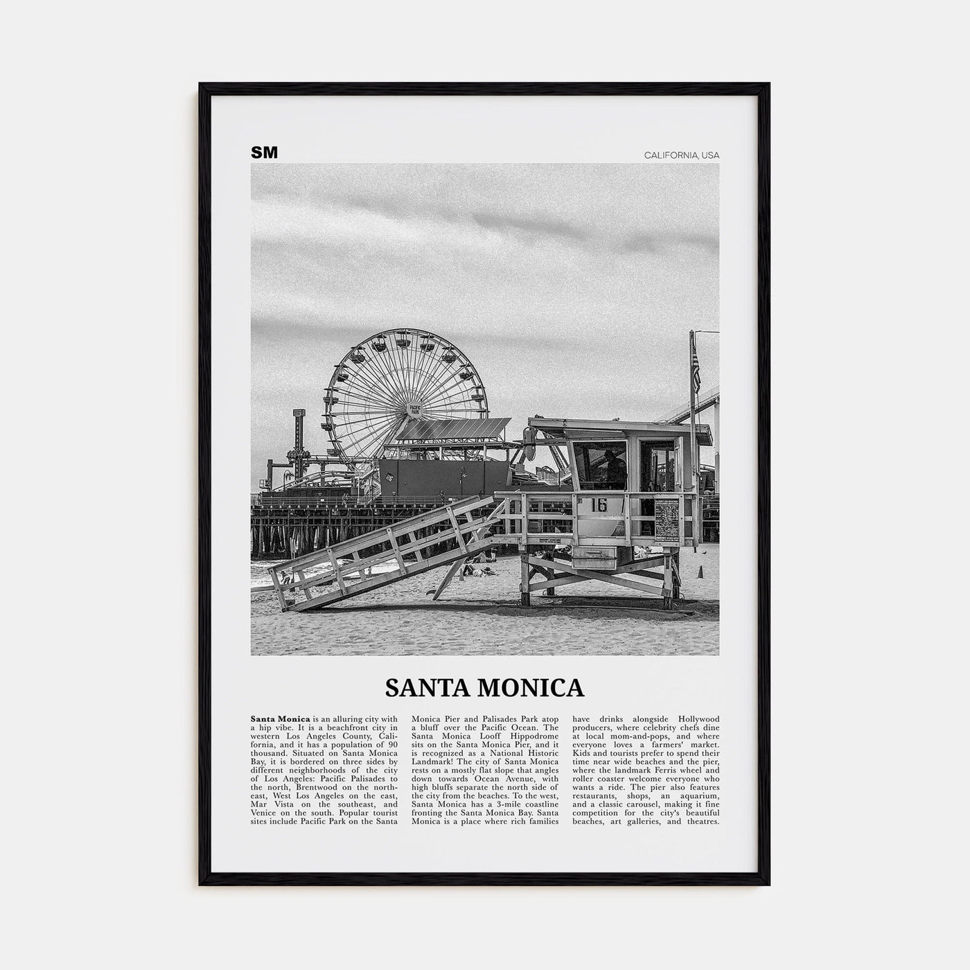 Santa Monica No 1 Poster Black Wood / 8x12 in Nbourhood Travel B&W Poster