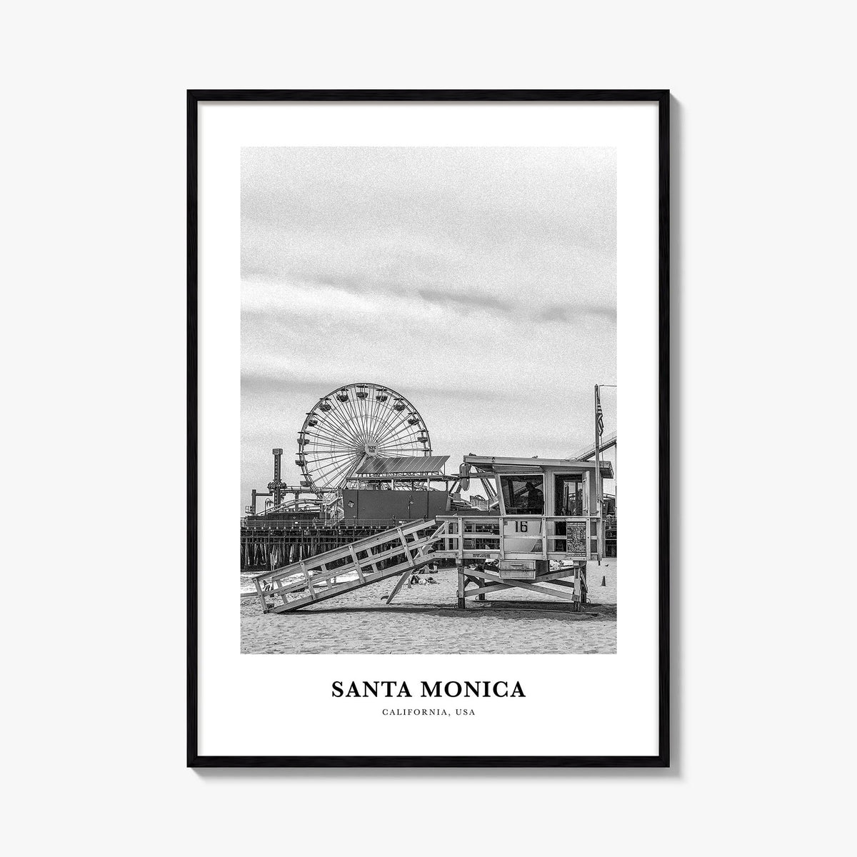 Santa Monica no. 2 black & white classic poster of California, USA – vertical wall art, unframed print shown in interior mock