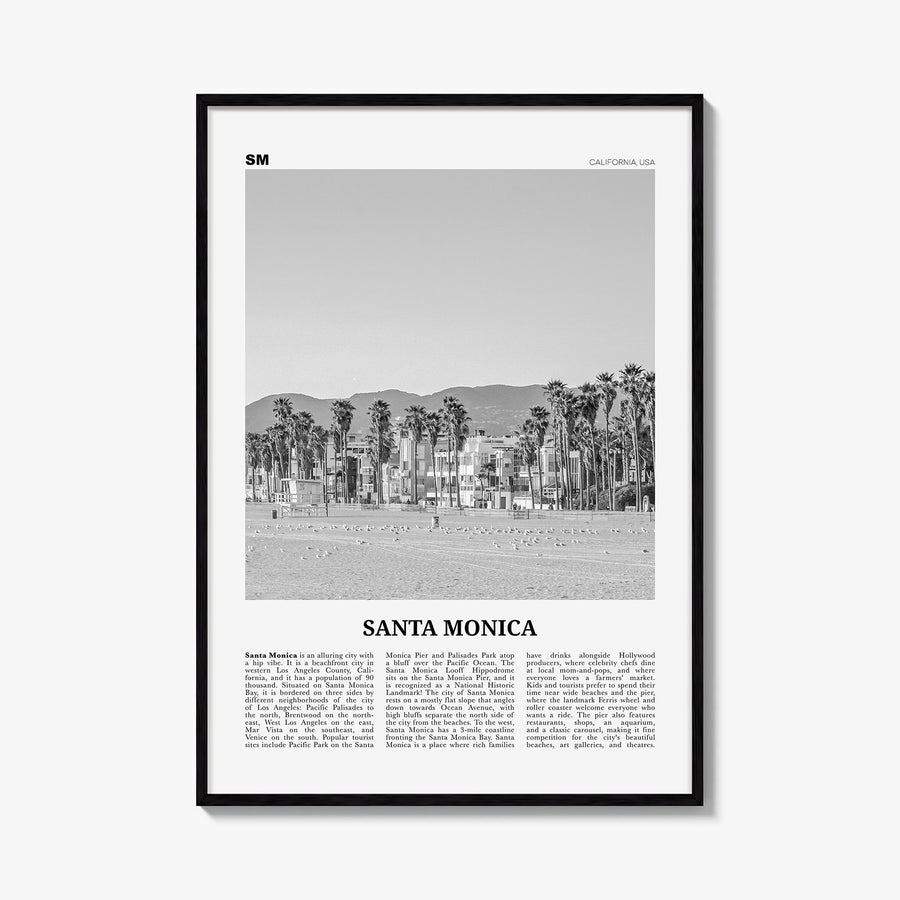 Santa Monica no. 2 black & white newspaper poster of California, USA – vertical wall art, unframed print shown in interior mo