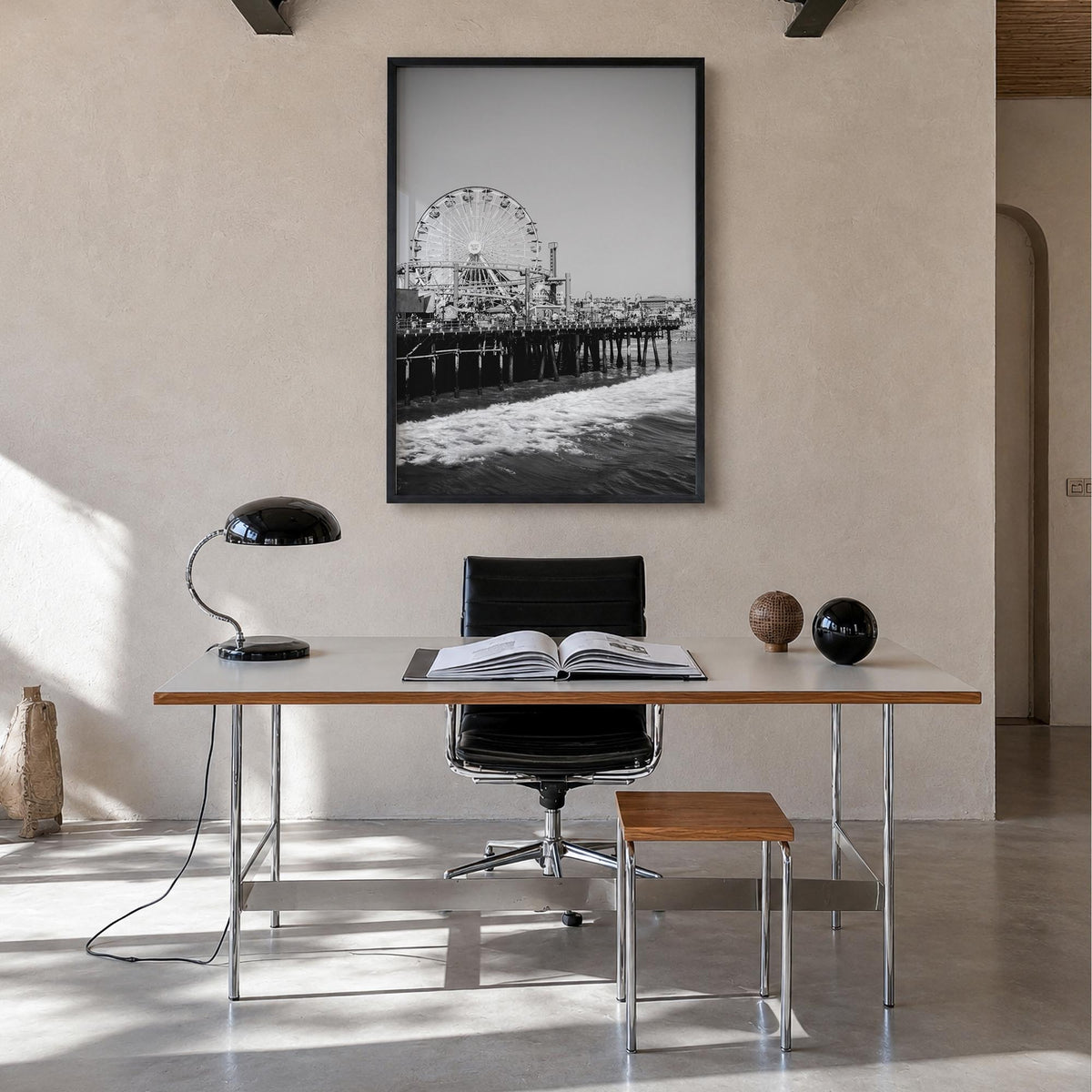 Santa Monica no. 2 black & white photo poster of California, USA – vertical wall art in black wood frame, hanging on wall
