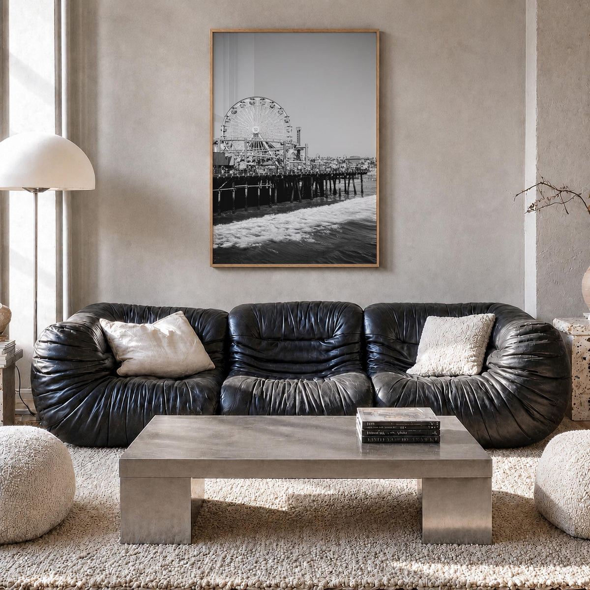 Santa Monica no. 2 black & white photo poster of California, USA – vertical wall art in natural wood frame, hanging on wall