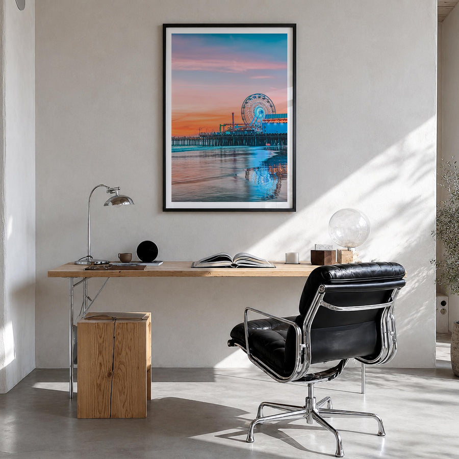Santa Monica no. 2 colorful photo poster of California, USA – vertical wall art in black wood frame with white border, hangin