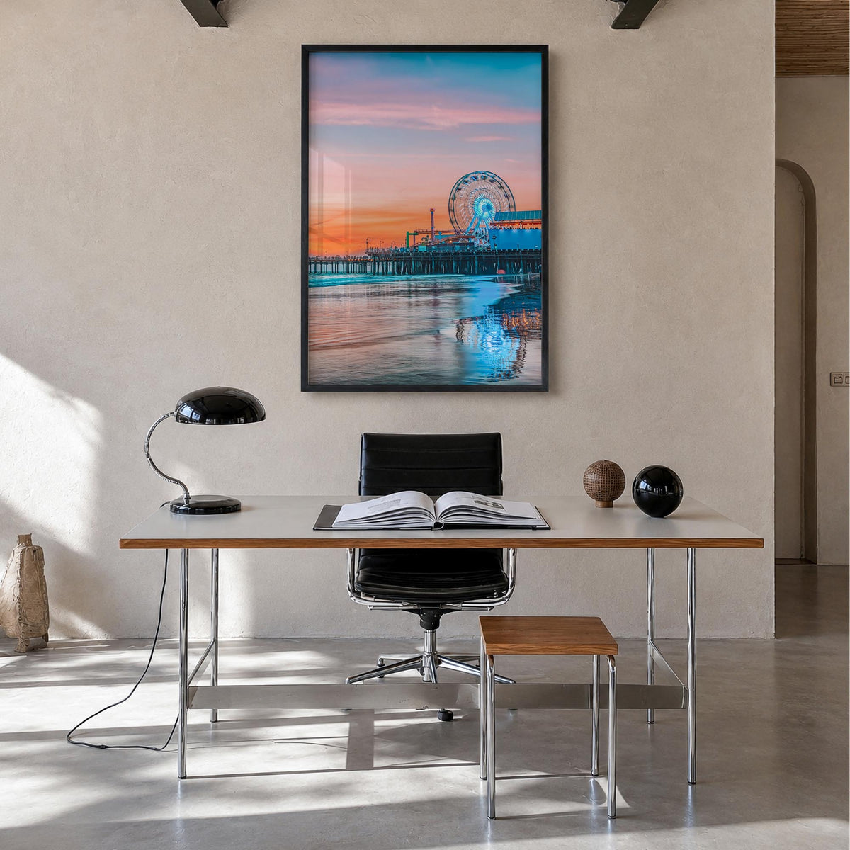 Santa Monica no. 2 colorful photo poster of California, USA – vertical wall art in black wood frame, hanging on wall