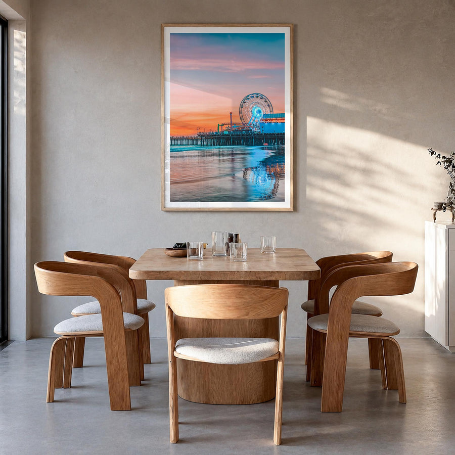 Santa Monica no. 2 colorful photo poster of California, USA – vertical wall art in natural wood frame with white border, hang