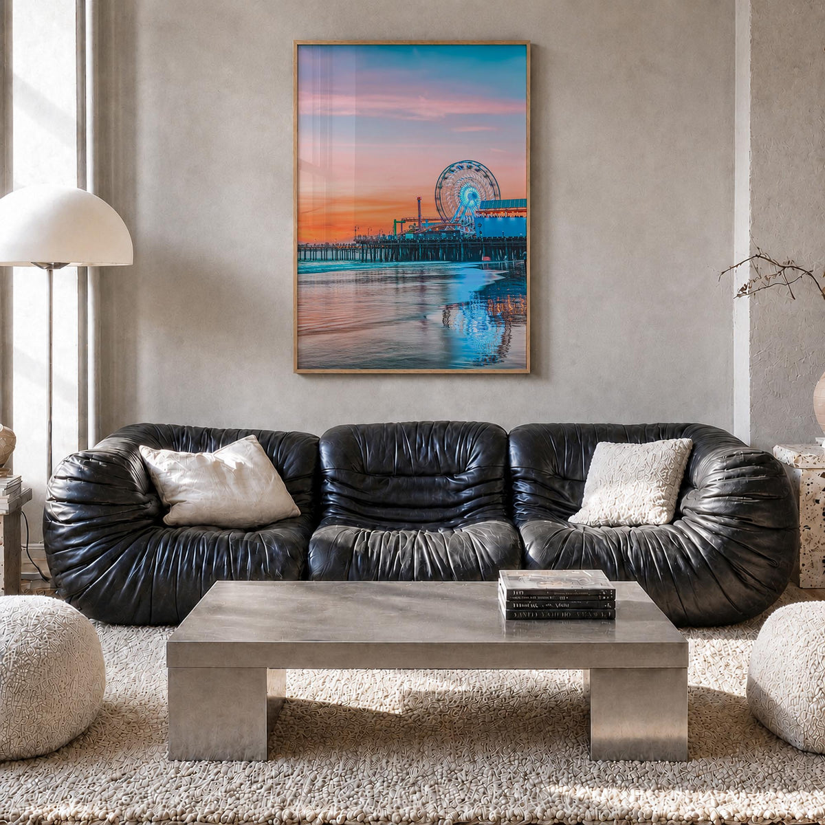 Santa Monica no. 2 colorful photo poster of California, USA – vertical wall art in natural wood frame, hanging on wall
