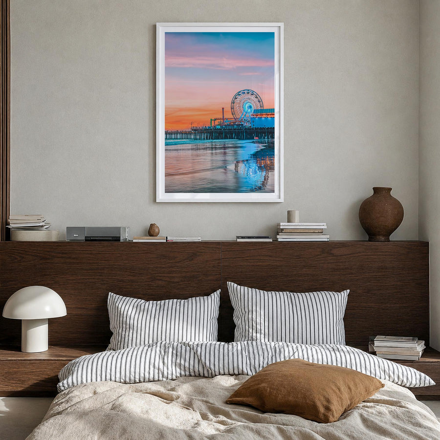 Santa Monica no. 2 colorful photo poster of California, USA – vertical wall art in white wood frame with white border, hangin