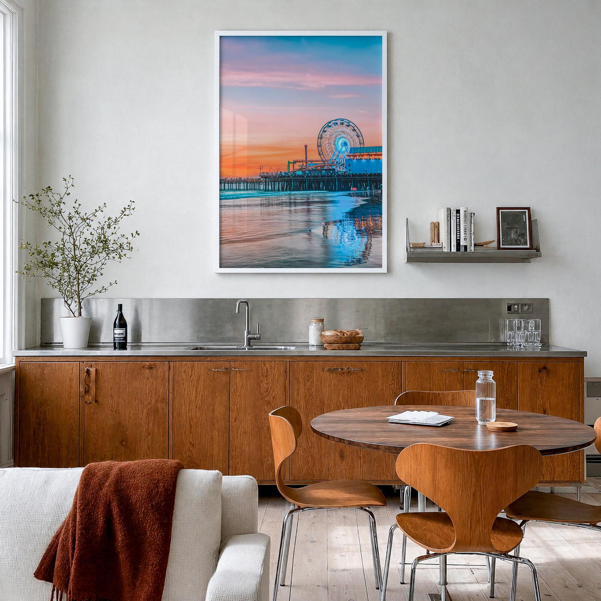 Santa Monica no. 2 colorful photo poster of California, USA – vertical wall art in white wood frame, hanging on wall